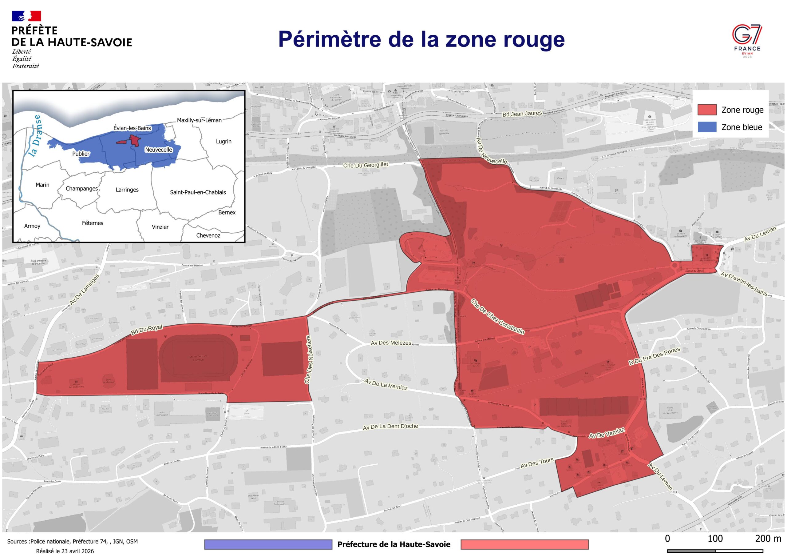 Close-up street map from the Haute-Savoie Prefecture detailing the specific areas and streets included in the highly restricted red security zone in Évian-les-Bains for the 2026 G7 summit. An inset map shows the location of this red zone within the broader blue zone context.