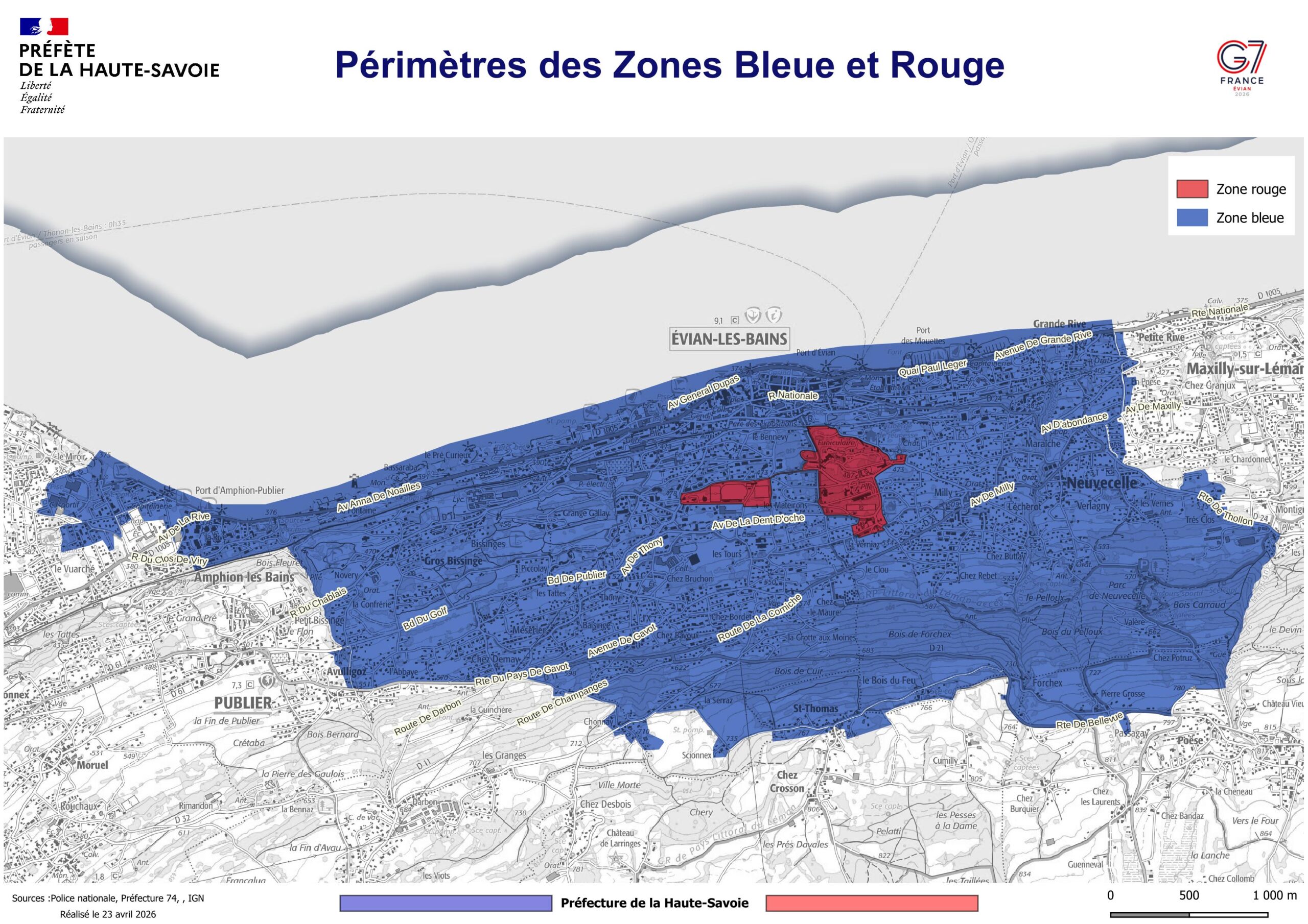 Carte officielle de la Préfecture de la Haute-Savoie délimitant la vaste zone de sécurité bleue et les secteurs centraux restreints en zone rouge sur les communes d'Évian-les-Bains, Publier, Neuvecelle et Maxilly-sur-Léman, à l'occasion du sommet du G7 2026.